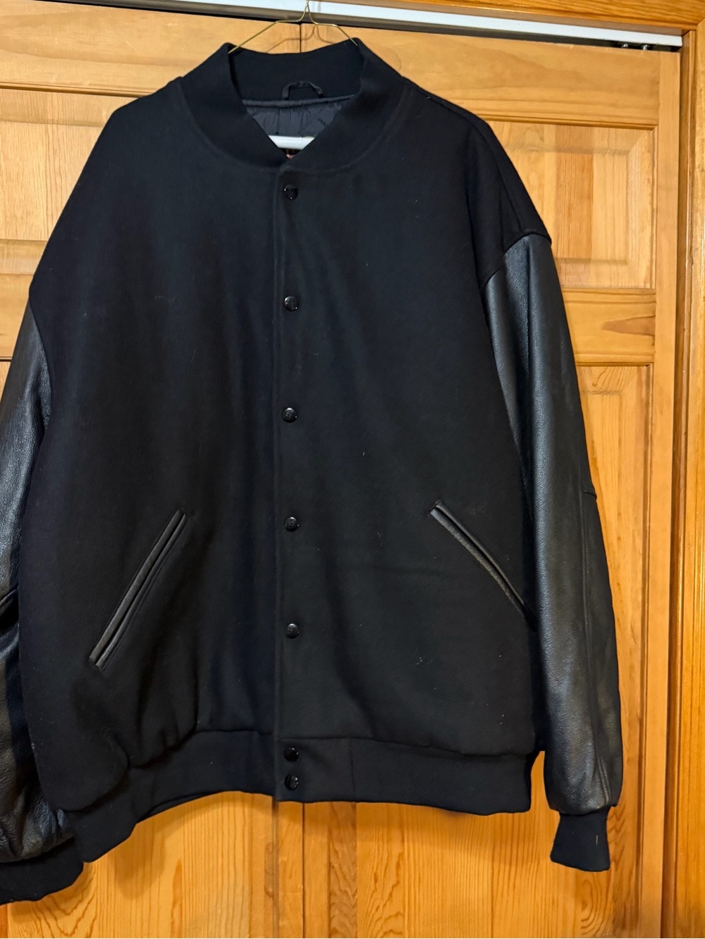 Men's Black Bomber Jacket with Leather Sleeves